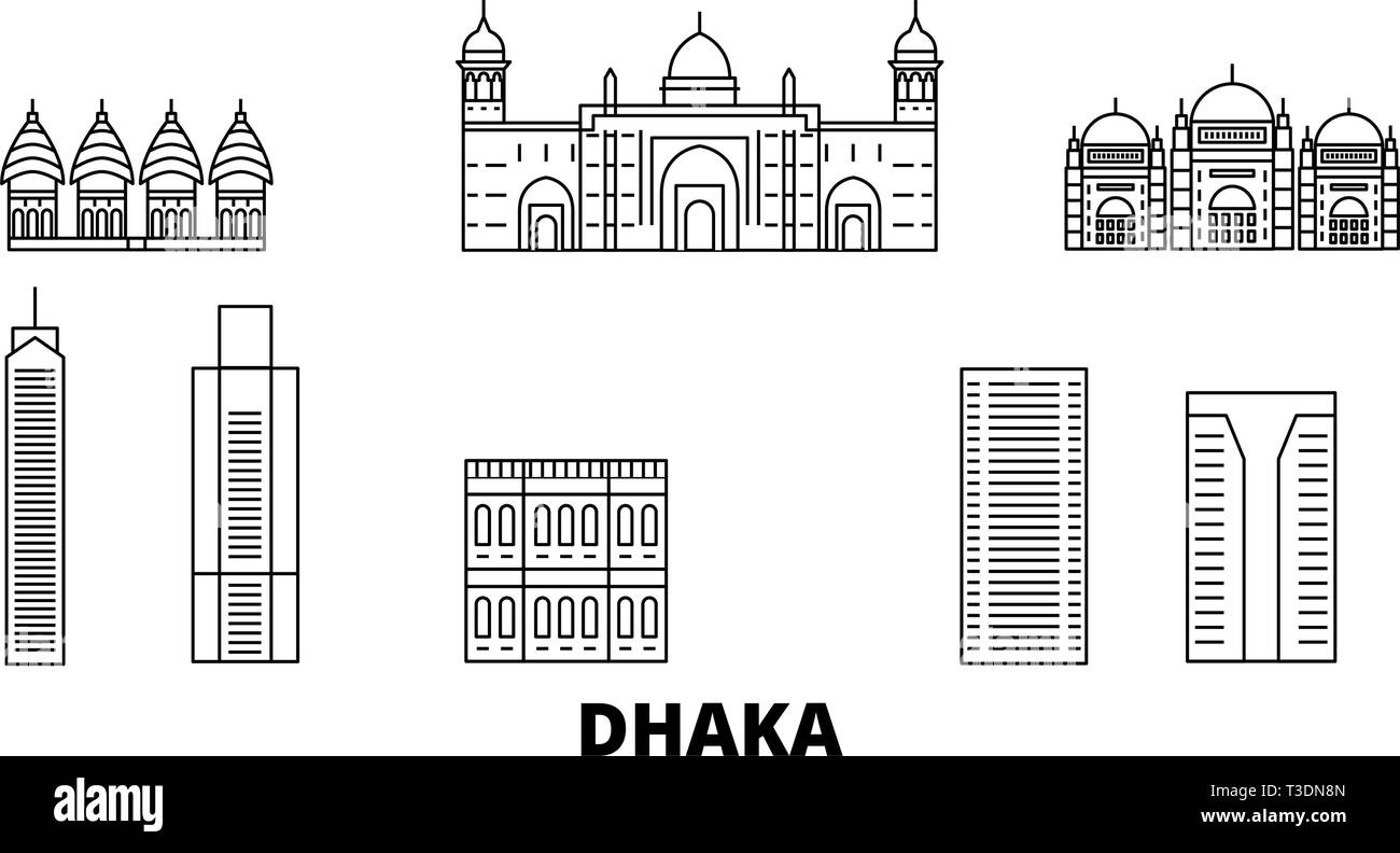 Bangladesh, Dhaka linea skyline di viaggio set. Bangladesh, Dhaka città outline illustrazione vettoriale, simbolo, siti di viaggi, punti di riferimento. Illustrazione Vettoriale