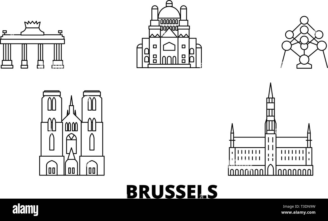 Il Belgio, Bruxelles linea skyline di viaggio set. Il Belgio, Bruxelles città outline illustrazione vettoriale, simbolo, siti di viaggi, punti di riferimento. Illustrazione Vettoriale