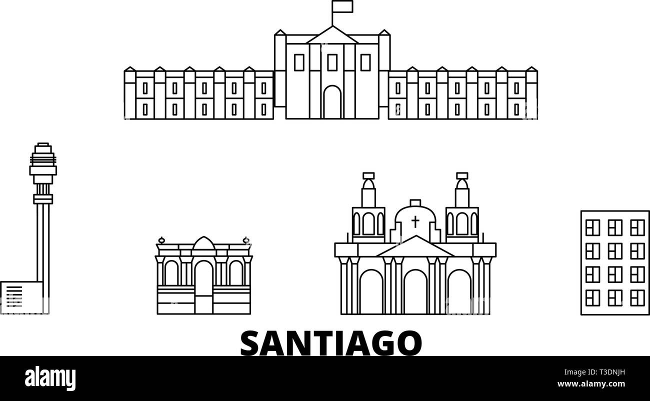 Il Cile, Santiago linea skyline di viaggio set. Il Cile, Santiago città di contorno illustrazione vettoriale, simbolo, siti di viaggi, punti di riferimento. Illustrazione Vettoriale