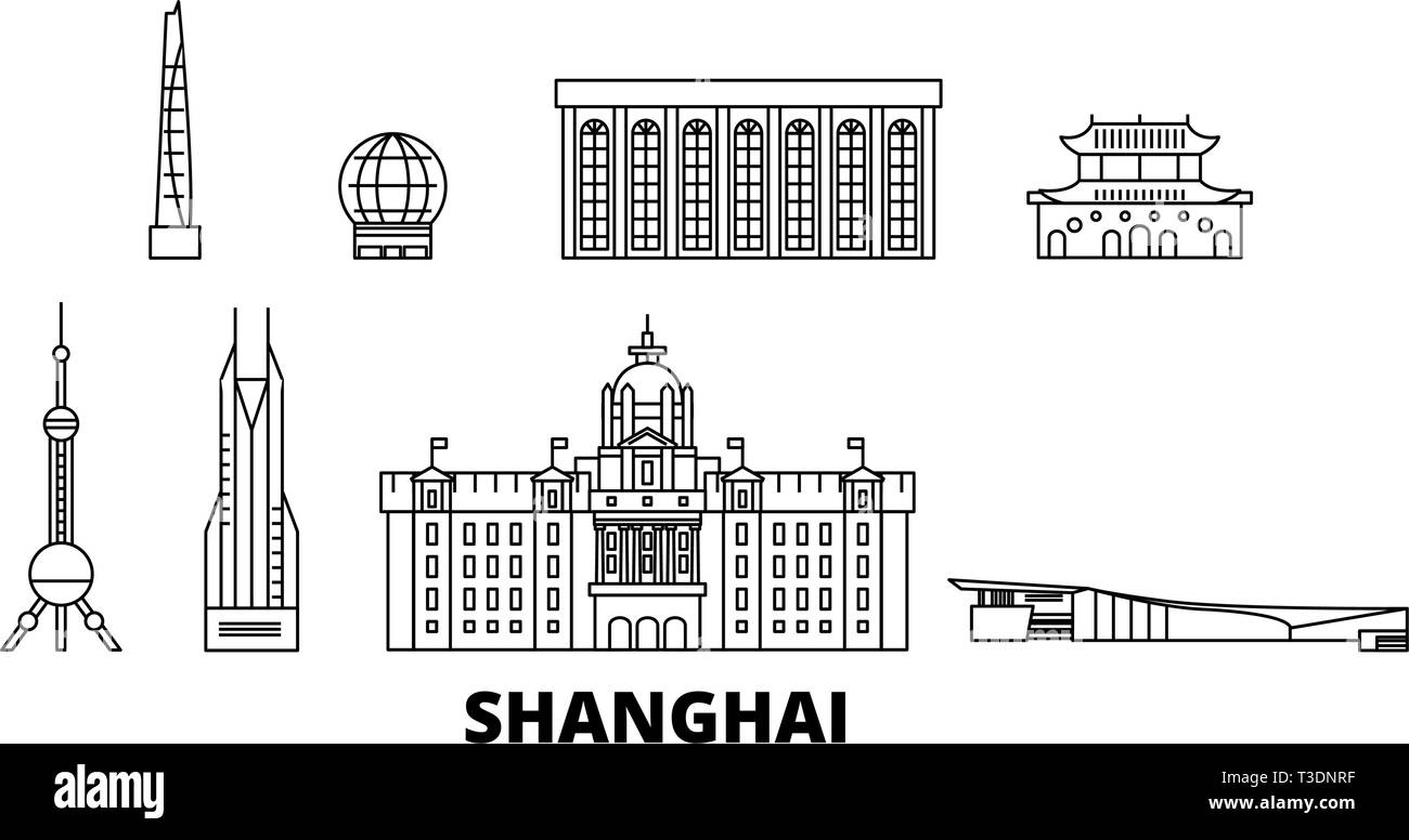 Cina, Shanghai linea skyline di viaggio set. Cina Shanghai città outline illustrazione vettoriale, simbolo, siti di viaggi, punti di riferimento. Illustrazione Vettoriale
