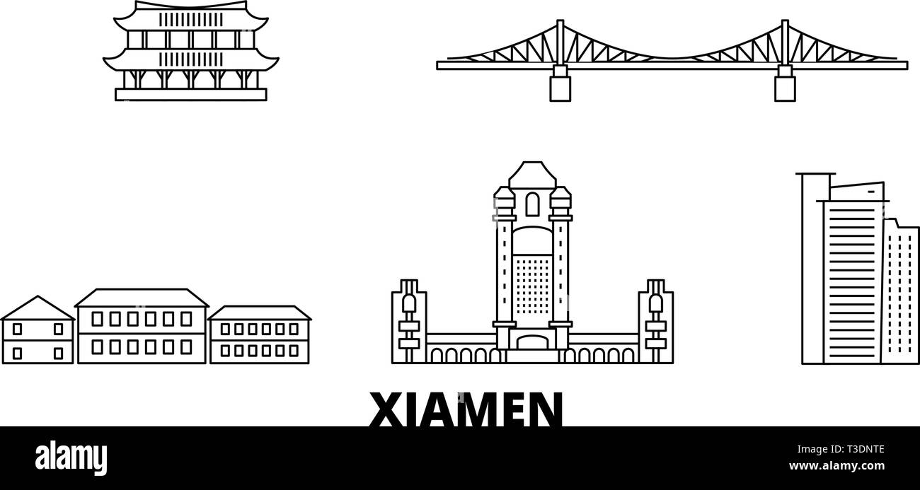 Cina, Xiamen linea skyline di viaggio set. Cina, Xiamen città outline illustrazione vettoriale, simbolo, siti di viaggi, punti di riferimento. Illustrazione Vettoriale
