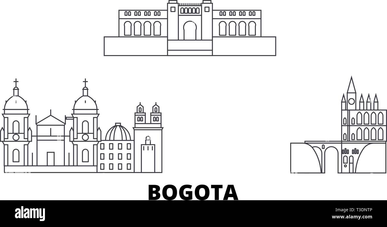 La Colombia, Bogotà linea skyline di viaggio set. La Colombia, Bogotà città outline illustrazione vettoriale, simbolo, siti di viaggi, punti di riferimento. Illustrazione Vettoriale