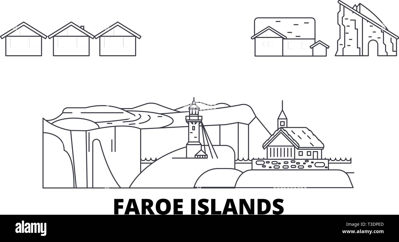Danimarca, Isole Faerøer linea skyline di viaggio set. Danimarca, Isole Faerøer città outline illustrazione vettoriale, simbolo, siti di viaggi, punti di riferimento. Illustrazione Vettoriale