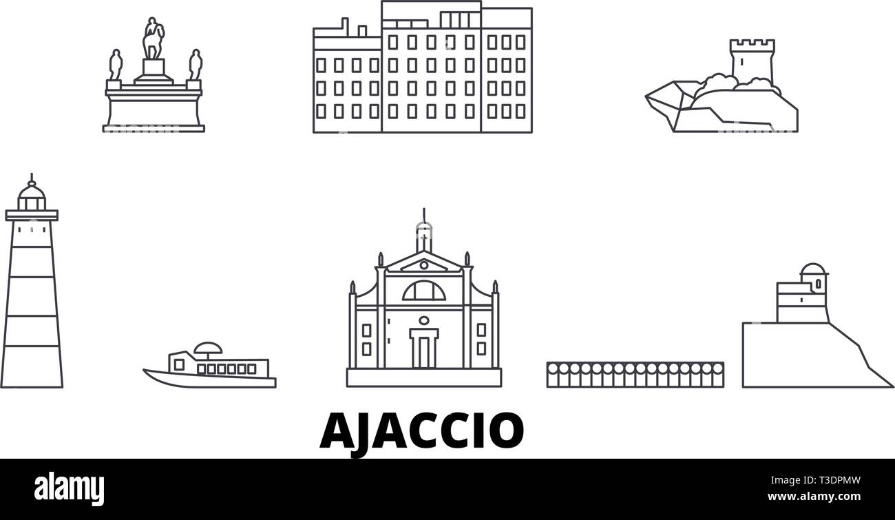 Francia, Ajaccio linea skyline di viaggio set. Francia, Ajaccio città outline illustrazione vettoriale, simbolo, siti di viaggi, punti di riferimento. Illustrazione Vettoriale