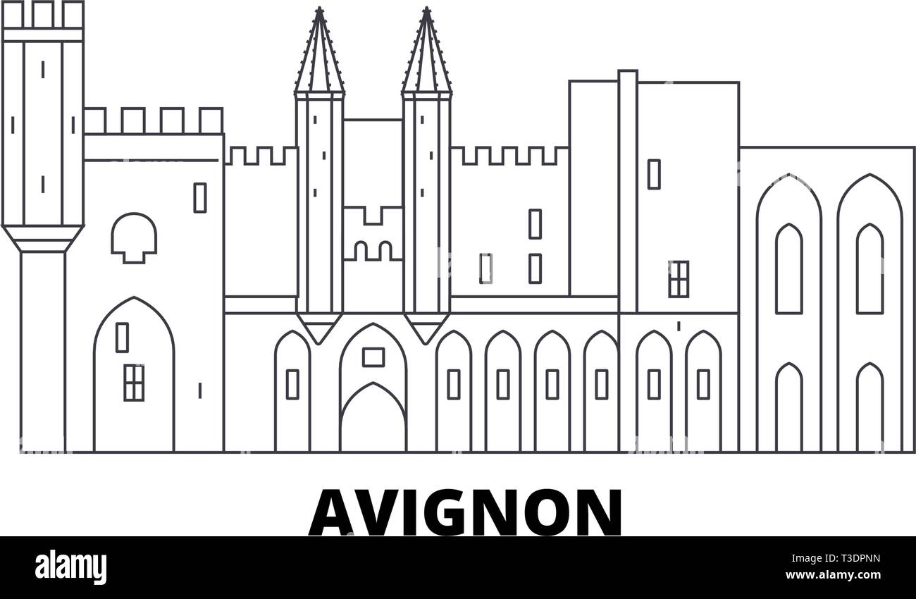 Francia, Avignon Landmark linea skyline di viaggio set. Francia, Avignon Landmark città outline illustrazione vettoriale, simbolo, siti di viaggi, punti di riferimento. Illustrazione Vettoriale