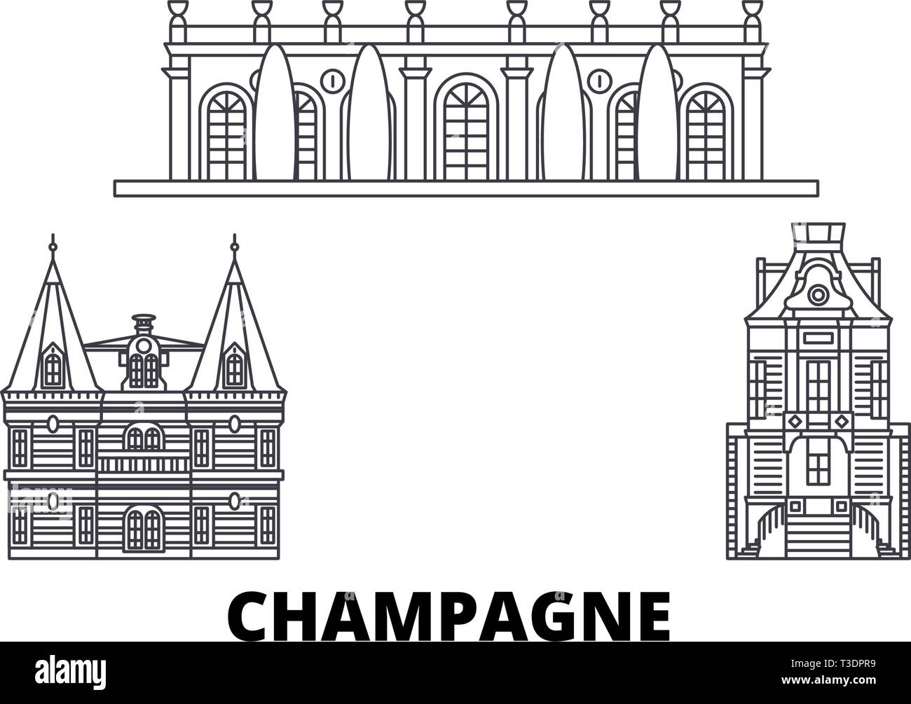 Francia, Champagne linea skyline di viaggio set. Francia, Champagne città outline illustrazione vettoriale, simbolo, siti di viaggi, punti di riferimento. Illustrazione Vettoriale