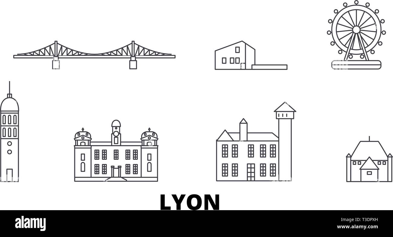 Francia, Lione linea skyline di viaggio set. Francia, Lione città outline illustrazione vettoriale, simbolo, siti di viaggi, punti di riferimento. Illustrazione Vettoriale