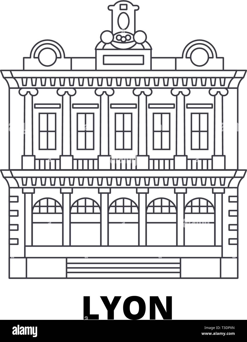 Francia, Lione Landmark linea skyline di viaggio set. Francia, Lione e punto di riferimento della città di contorno illustrazione vettoriale, simbolo, siti di viaggi, punti di riferimento. Illustrazione Vettoriale