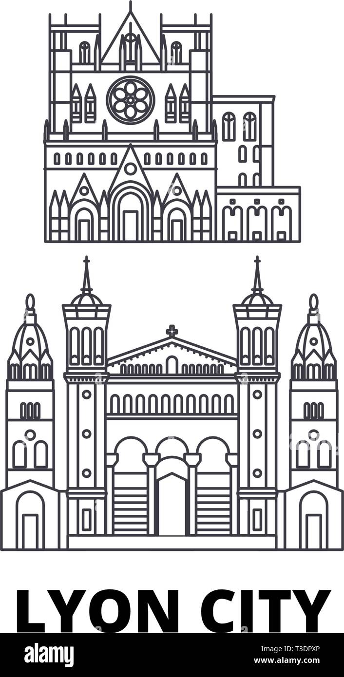 Francia, Lyon City line travel skyline set. Francia, Lione città città outline illustrazione vettoriale, simbolo, siti di viaggi, punti di riferimento. Illustrazione Vettoriale