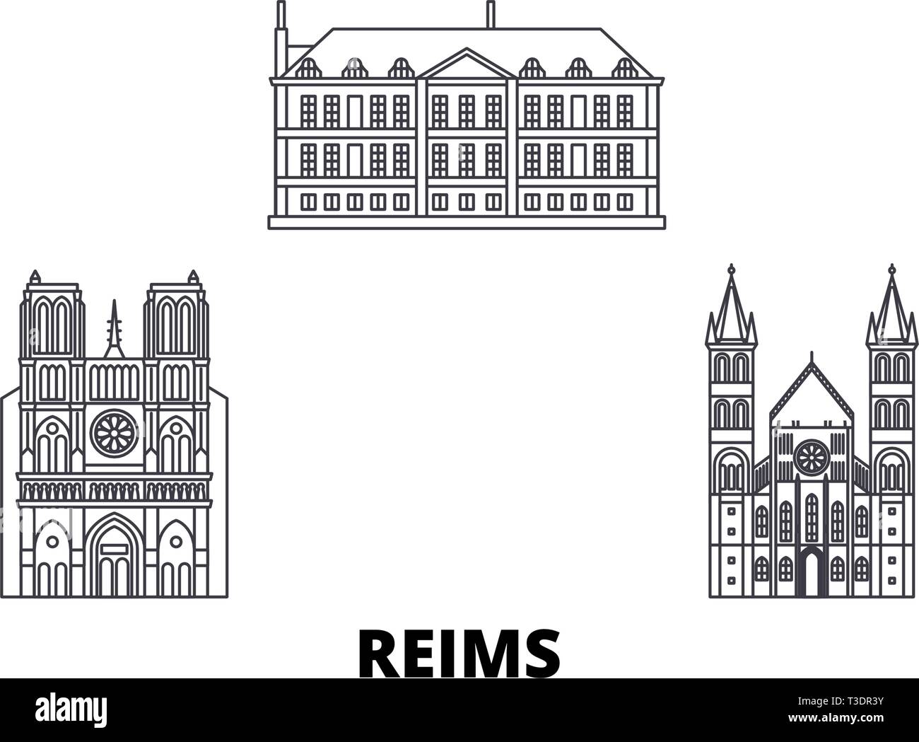 Francia, Reims linea skyline di viaggio set. Francia, Reims città outline illustrazione vettoriale, simbolo, siti di viaggi, punti di riferimento. Illustrazione Vettoriale