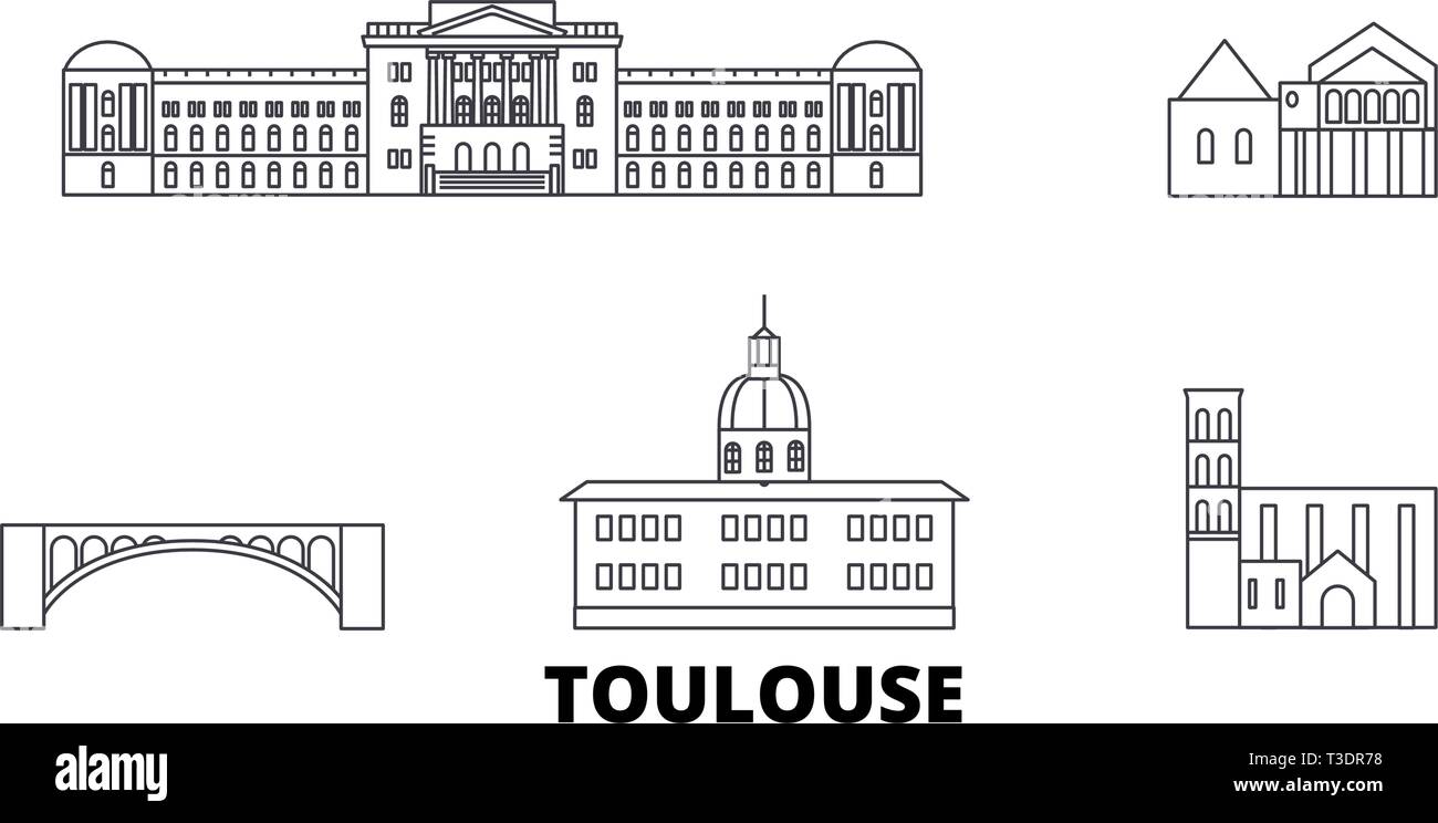 Francia, Toulouse linea skyline di viaggio set. Francia, Tolosa città outline illustrazione vettoriale, simbolo, siti di viaggi, punti di riferimento. Illustrazione Vettoriale