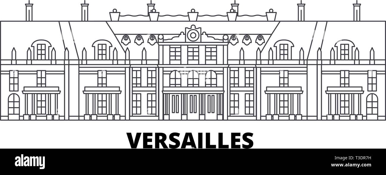 Francia, Versailles linea skyline di viaggio set. Francia, Versailles città outline illustrazione vettoriale, simbolo, siti di viaggi, punti di riferimento. Illustrazione Vettoriale