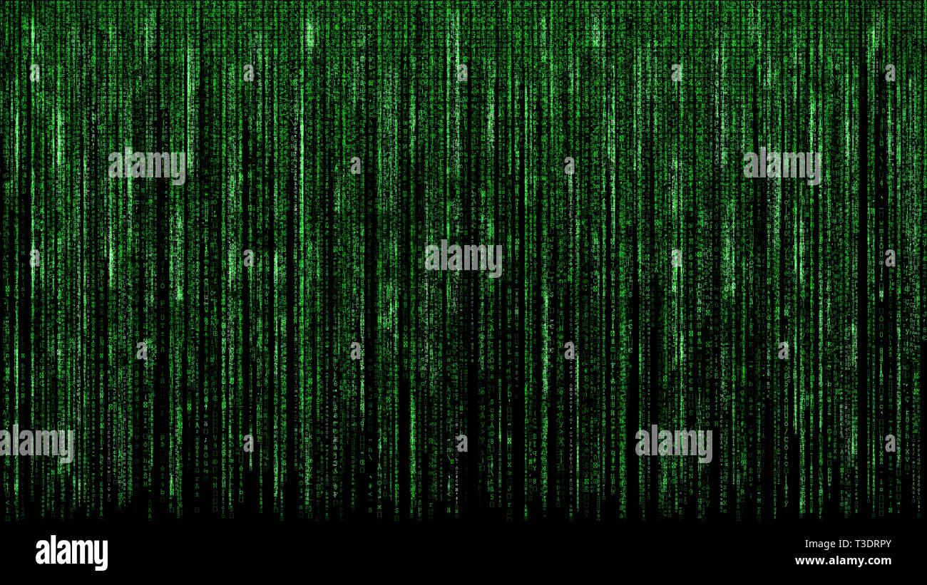 Verde matrice binaria codice computer astratto hacker digitale il concetto di rete su sfondo nero Foto Stock