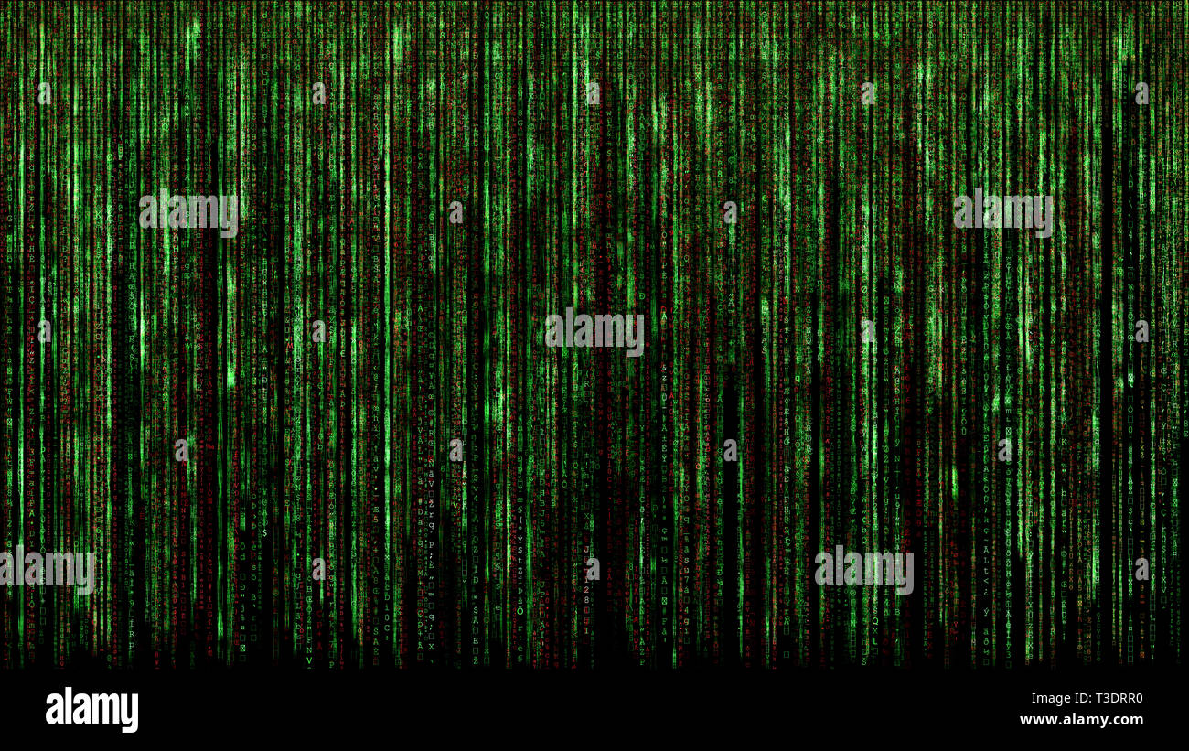 Rosso Verde matrice binaria codice computer astratto hacker digitale il concetto di rete su sfondo nero Foto Stock