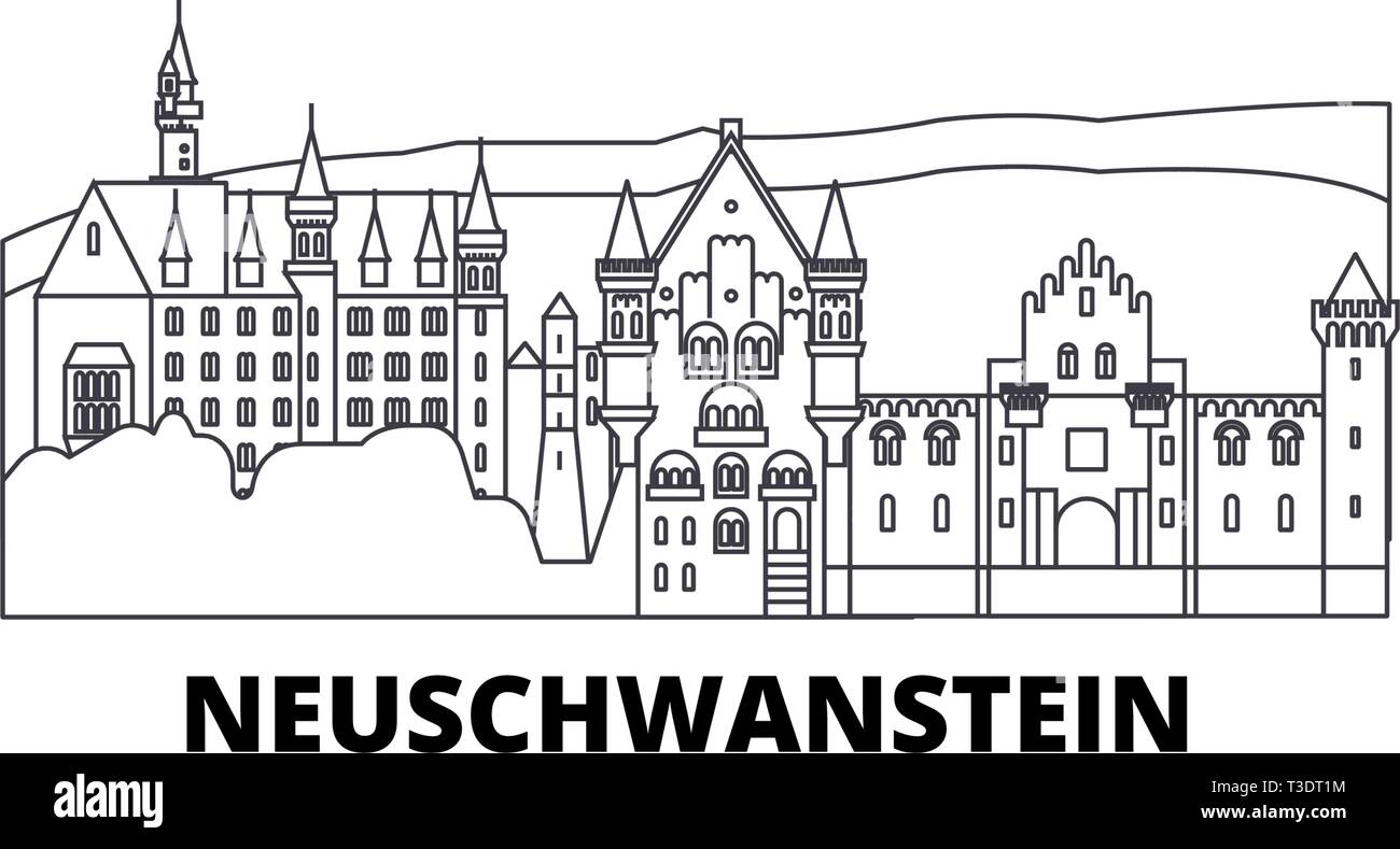 Germania, Neuschwanstein linea skyline di viaggio set. Germania, Neuschwanstein città outline illustrazione vettoriale, simbolo, siti di viaggi, punti di riferimento. Illustrazione Vettoriale