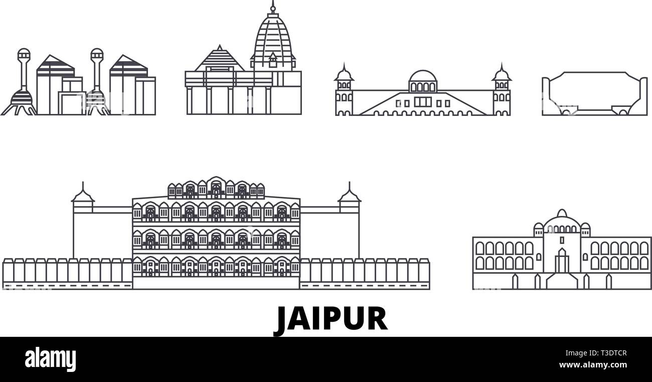 India, Jaipur linea skyline di viaggio set. India, Jaipur cittã outline illustrazione vettoriale, simbolo, siti di viaggi, punti di riferimento. Illustrazione Vettoriale