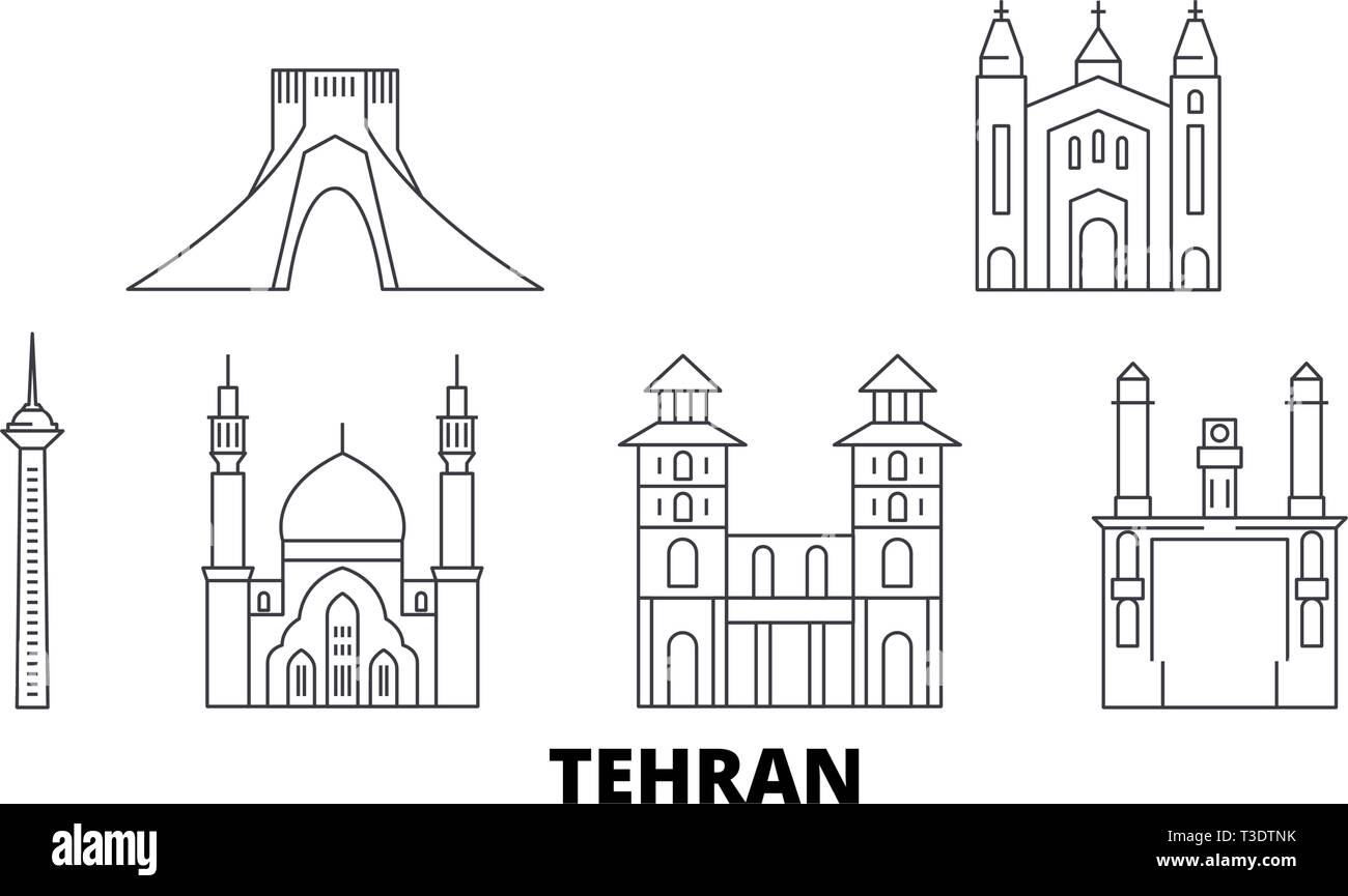 Iran, Teheran linea skyline di viaggio set. Iran, Teheran città outline illustrazione vettoriale, simbolo, siti di viaggi, punti di riferimento. Illustrazione Vettoriale