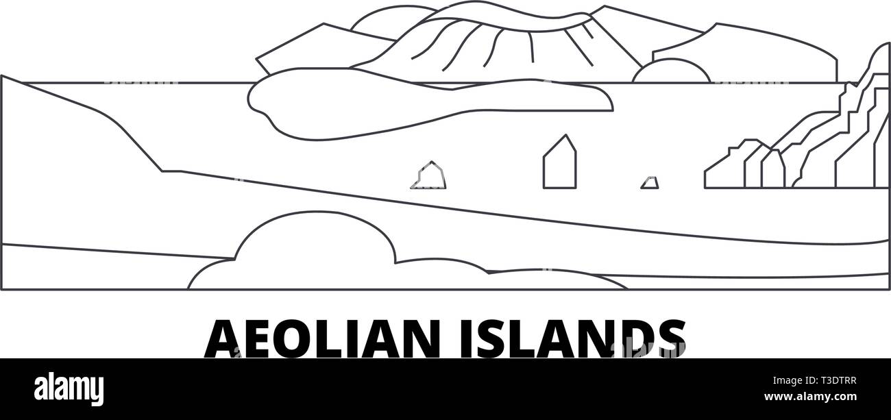 L'Italia, isole Eolie linea skyline di viaggio set. L'Italia, isole Eolie città outline illustrazione vettoriale, simbolo, siti di viaggi, punti di riferimento. Illustrazione Vettoriale