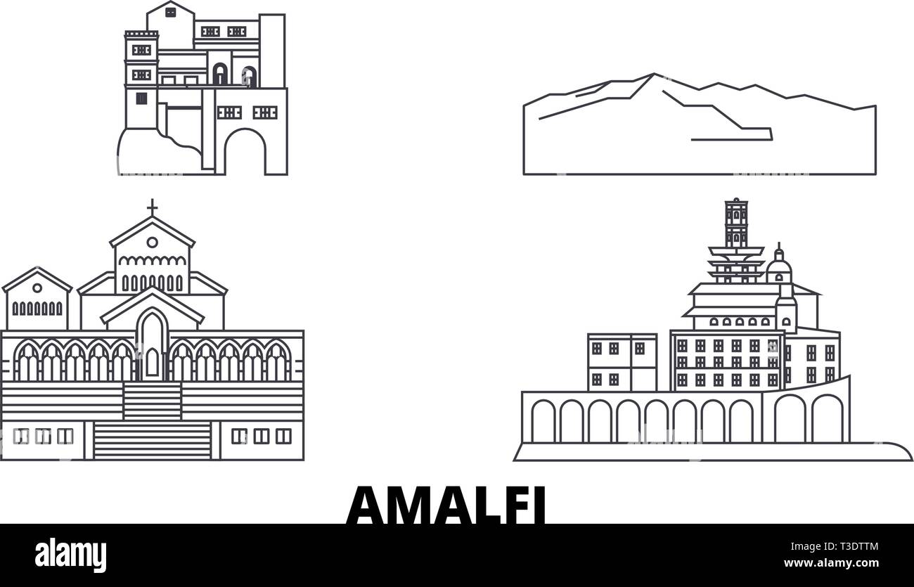 Italia Amalfi linea skyline di viaggio set. Italia Amalfi città outline illustrazione vettoriale, simbolo, siti di viaggi, punti di riferimento. Illustrazione Vettoriale