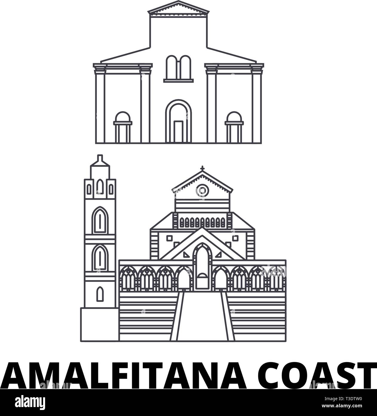Italia Amalfi Coast line skyline di viaggio set. Italia Amalfi Coast Città outline illustrazione vettoriale, simbolo, siti di viaggi, punti di riferimento. Illustrazione Vettoriale