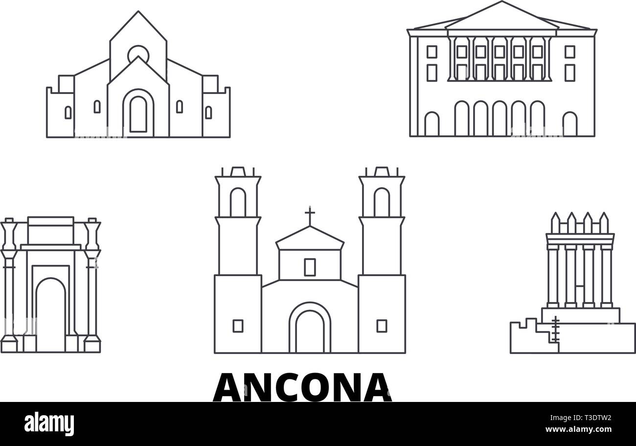 L'Italia, linea Ancona skyline di viaggio set. L'Italia, Ancona città outline illustrazione vettoriale, simbolo, siti di viaggi, punti di riferimento. Illustrazione Vettoriale