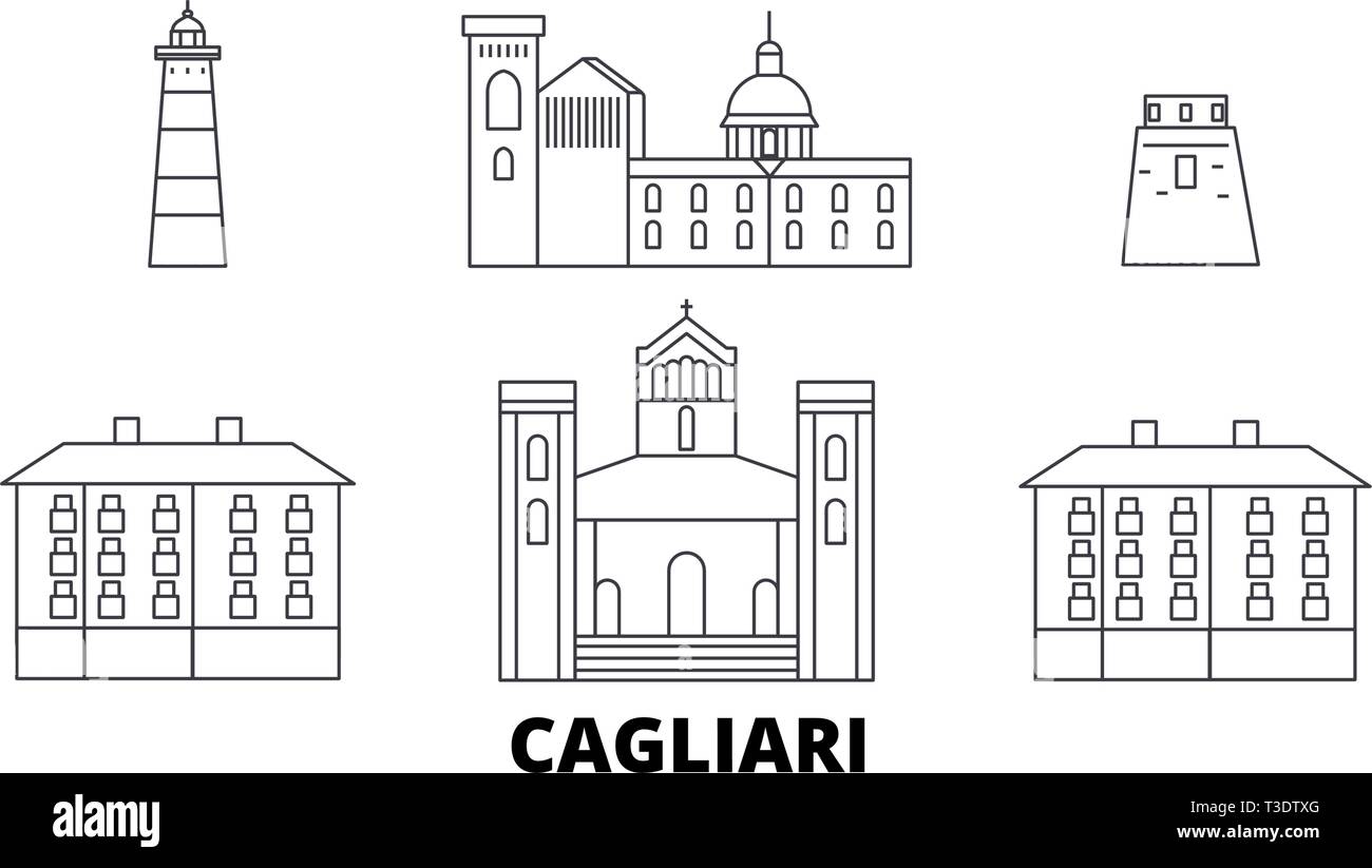 L'Italia, Cagliari linea skyline di viaggio set. L'Italia, Cagliari città outline illustrazione vettoriale, simbolo, siti di viaggi, punti di riferimento. Illustrazione Vettoriale