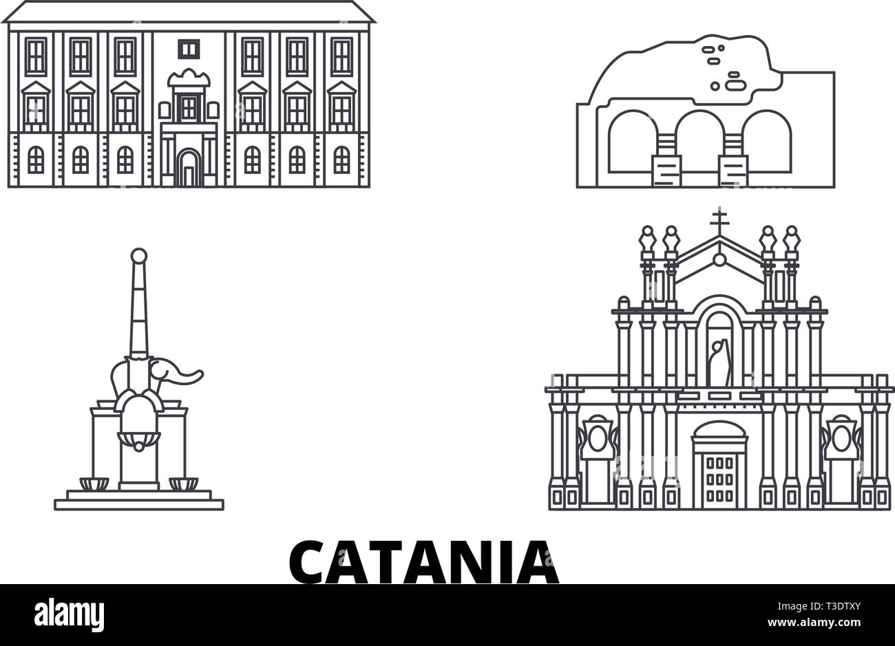 L'Italia, Catania linea skyline di viaggio set. L'Italia, Catania città outline illustrazione vettoriale, simbolo, siti di viaggi, punti di riferimento. Illustrazione Vettoriale