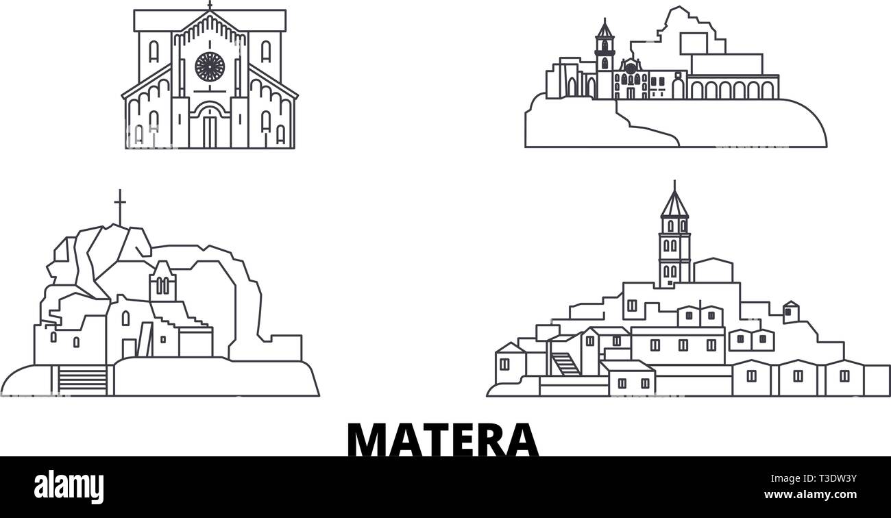 L'Italia, Matera linea skyline di viaggio set. L'Italia, Matera città outline illustrazione vettoriale, simbolo, siti di viaggi, punti di riferimento. Illustrazione Vettoriale