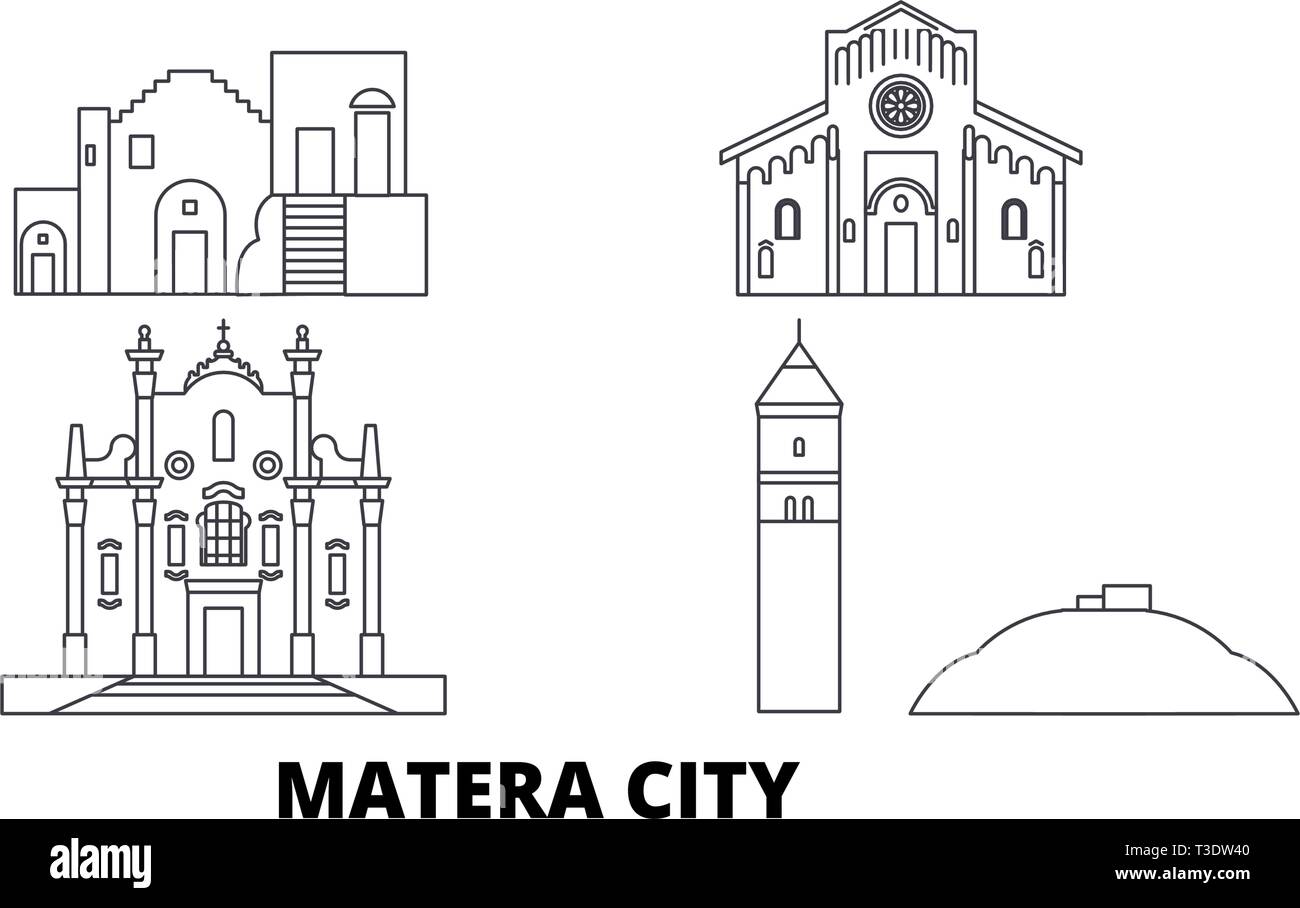 L'Italia, Matera City line travel skyline set. L'Italia, Matera città città outline illustrazione vettoriale, simbolo, siti di viaggi, punti di riferimento. Illustrazione Vettoriale