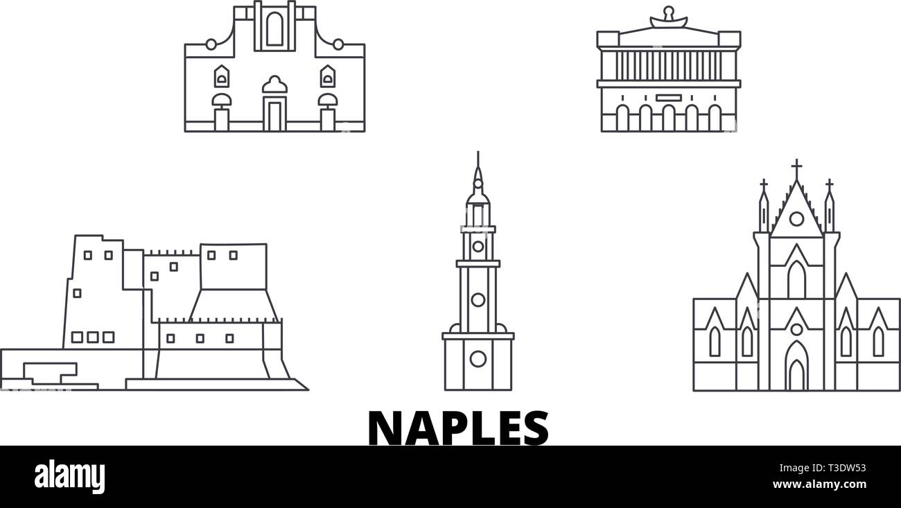 L'Italia, Napoli linea travel skyline set. L'Italia, Napoli città outline illustrazione vettoriale, simbolo, siti di viaggi, punti di riferimento. Illustrazione Vettoriale