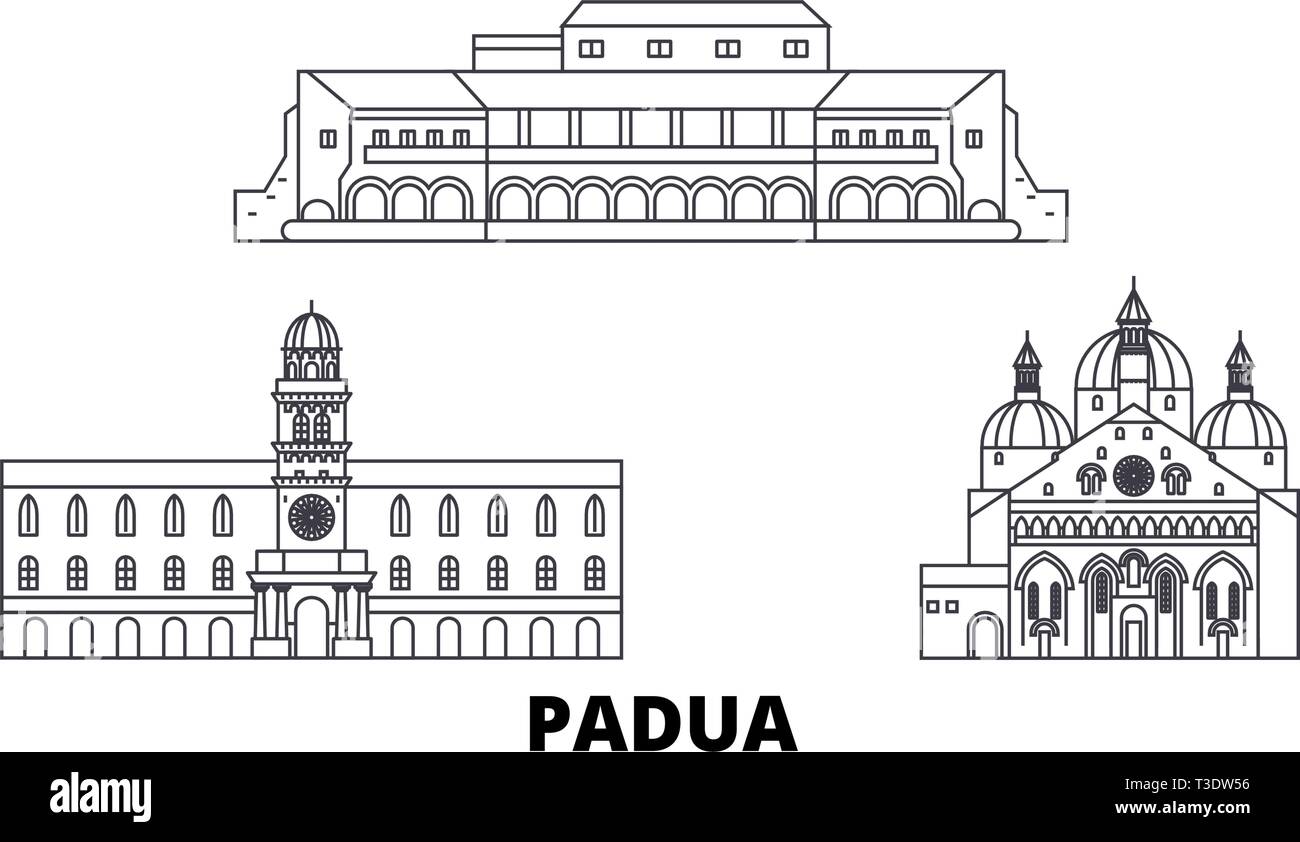 L'Italia, Padova linea skyline di viaggio set. L'Italia, Padova città outline illustrazione vettoriale, simbolo, siti di viaggi, punti di riferimento. Illustrazione Vettoriale