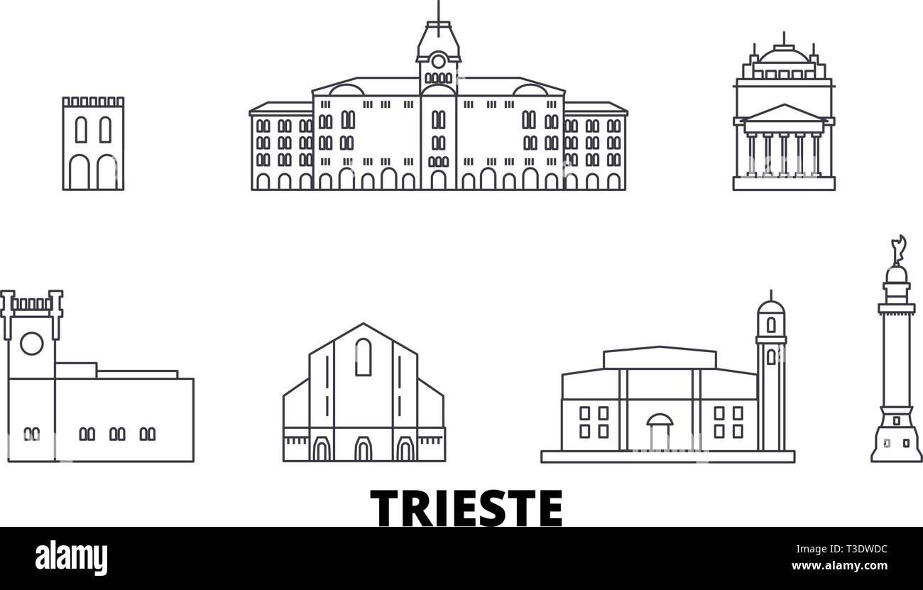 L'Italia, Trieste linea skyline di viaggio set. L'Italia, Trieste città outline illustrazione vettoriale, simbolo, siti di viaggi, punti di riferimento. Illustrazione Vettoriale