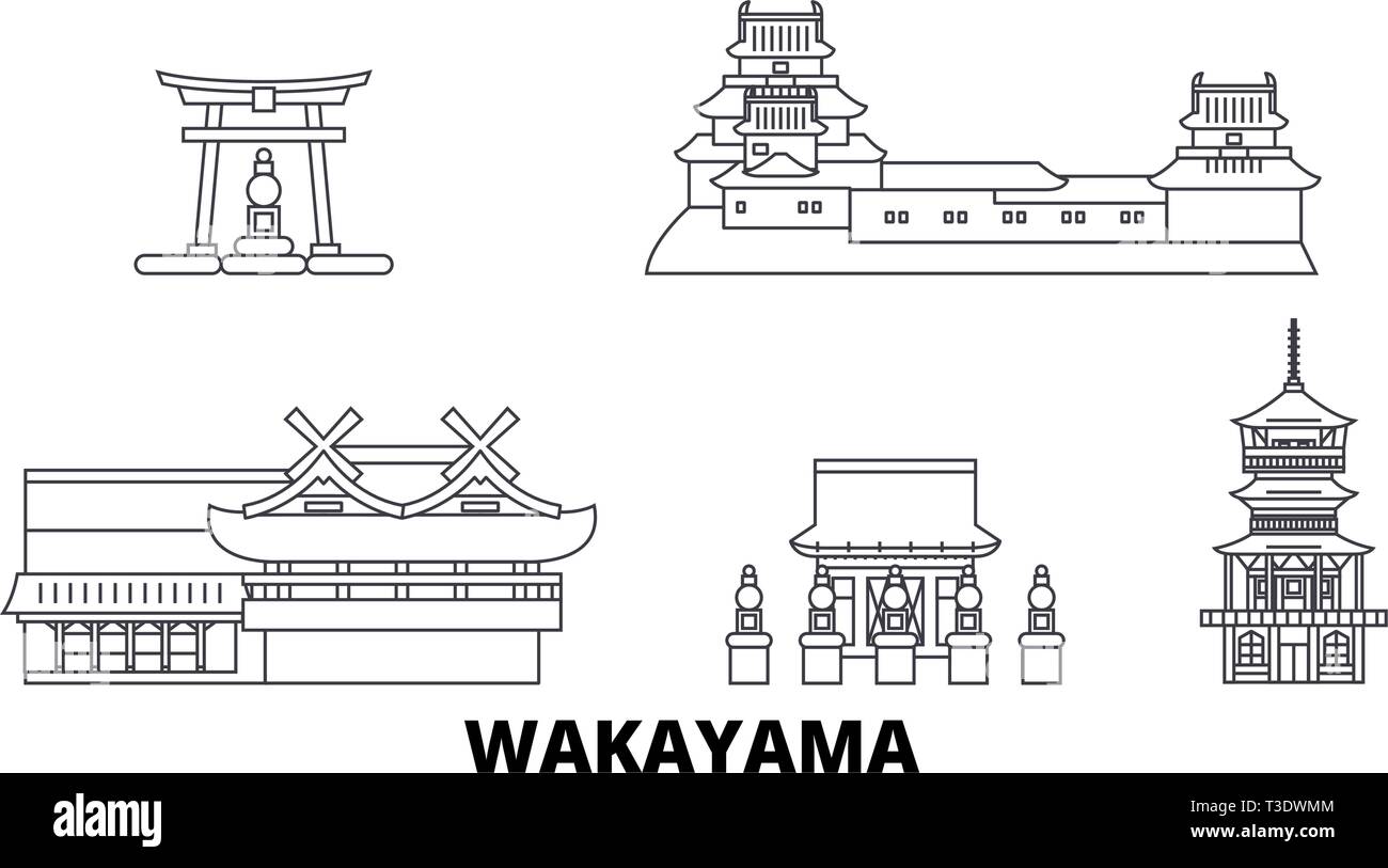 Giappone, Wakayama linea skyline di viaggio set. Giappone, Wakayama città outline illustrazione vettoriale, simbolo, siti di viaggi, punti di riferimento. Illustrazione Vettoriale