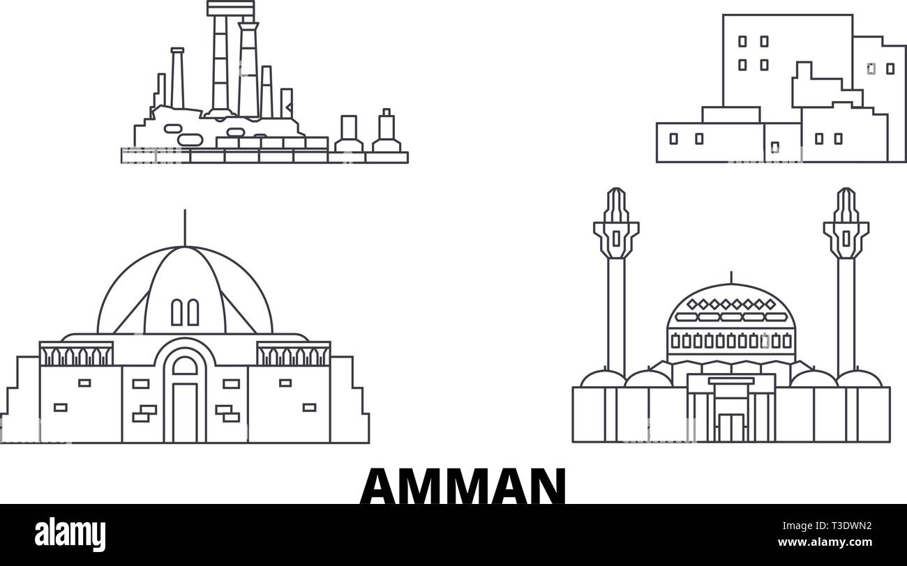 Giordania, Amman linea skyline di viaggio set. Giordania, contorno di Amman city illustrazione vettoriale, simbolo, siti di viaggi, punti di riferimento. Illustrazione Vettoriale
