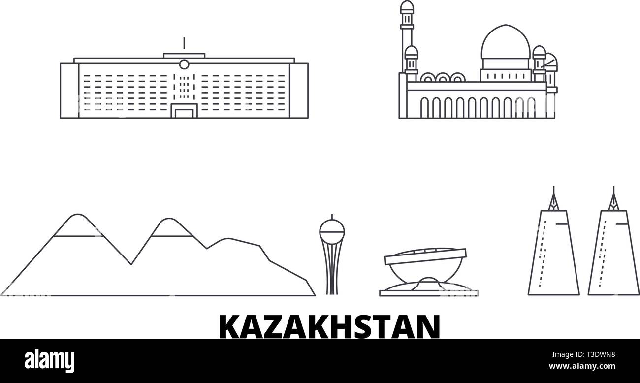 Il Kazakistan viaggi di linea skyline set. Il Kazakistan città outline illustrazione vettoriale, simbolo, siti di viaggi, punti di riferimento. Illustrazione Vettoriale