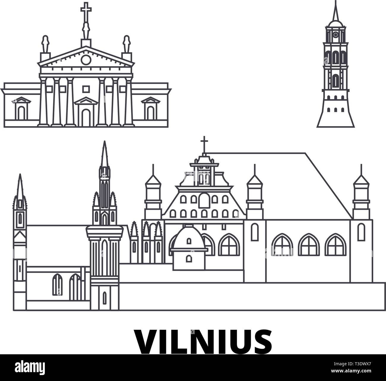 La Lituania, Vilnius linea skyline di viaggio set. La Lituania, Vilnius città outline illustrazione vettoriale, simbolo, siti di viaggi, punti di riferimento. Illustrazione Vettoriale