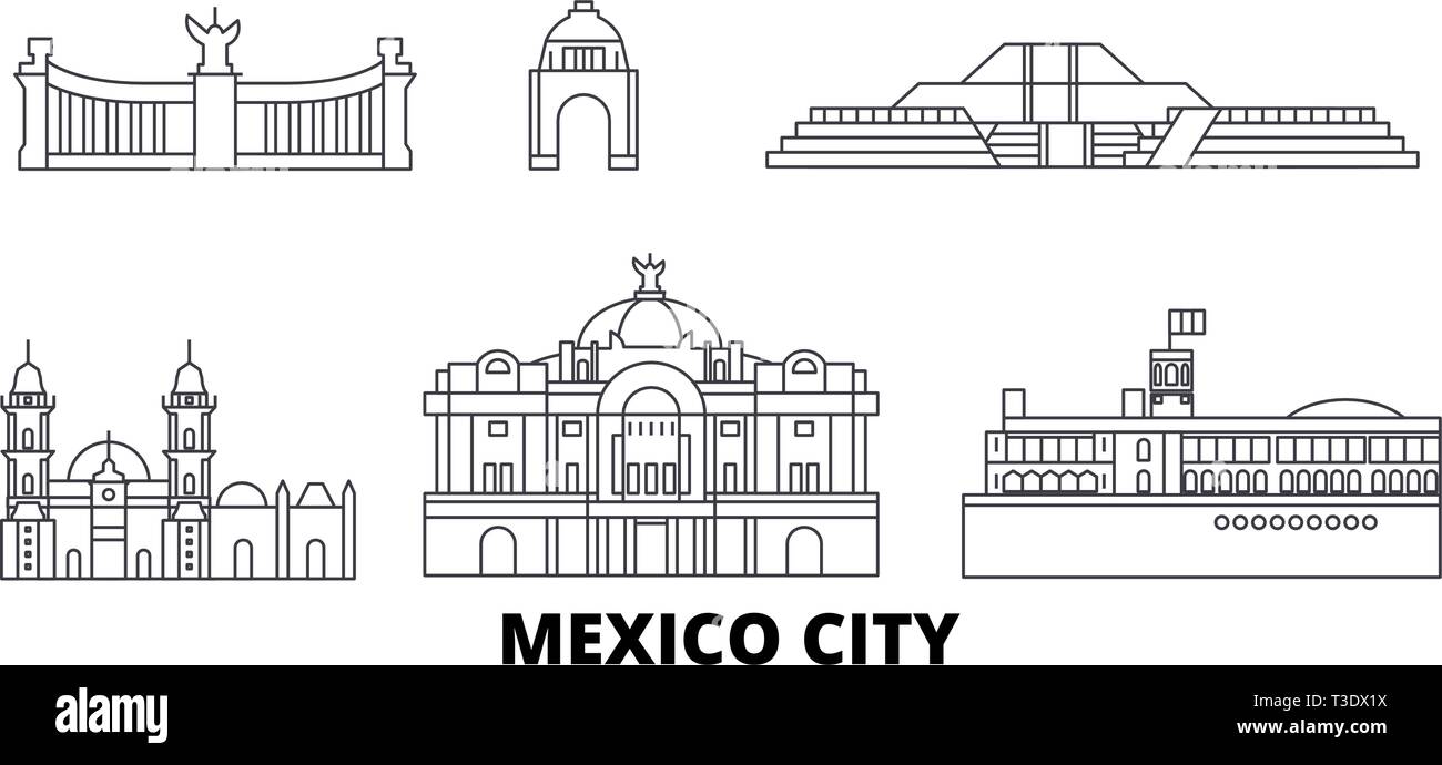 Messico, Messico linea skyline di viaggio set. Messico, Messico città di contorno illustrazione vettoriale, simbolo, siti di viaggi, punti di riferimento. Illustrazione Vettoriale