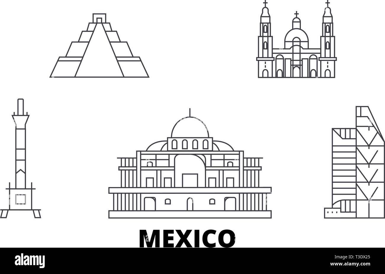 Messico, Messico City line travel skyline set. Messico Città del Messico città di contorno illustrazione vettoriale, simbolo, siti di viaggi, punti di riferimento. Illustrazione Vettoriale