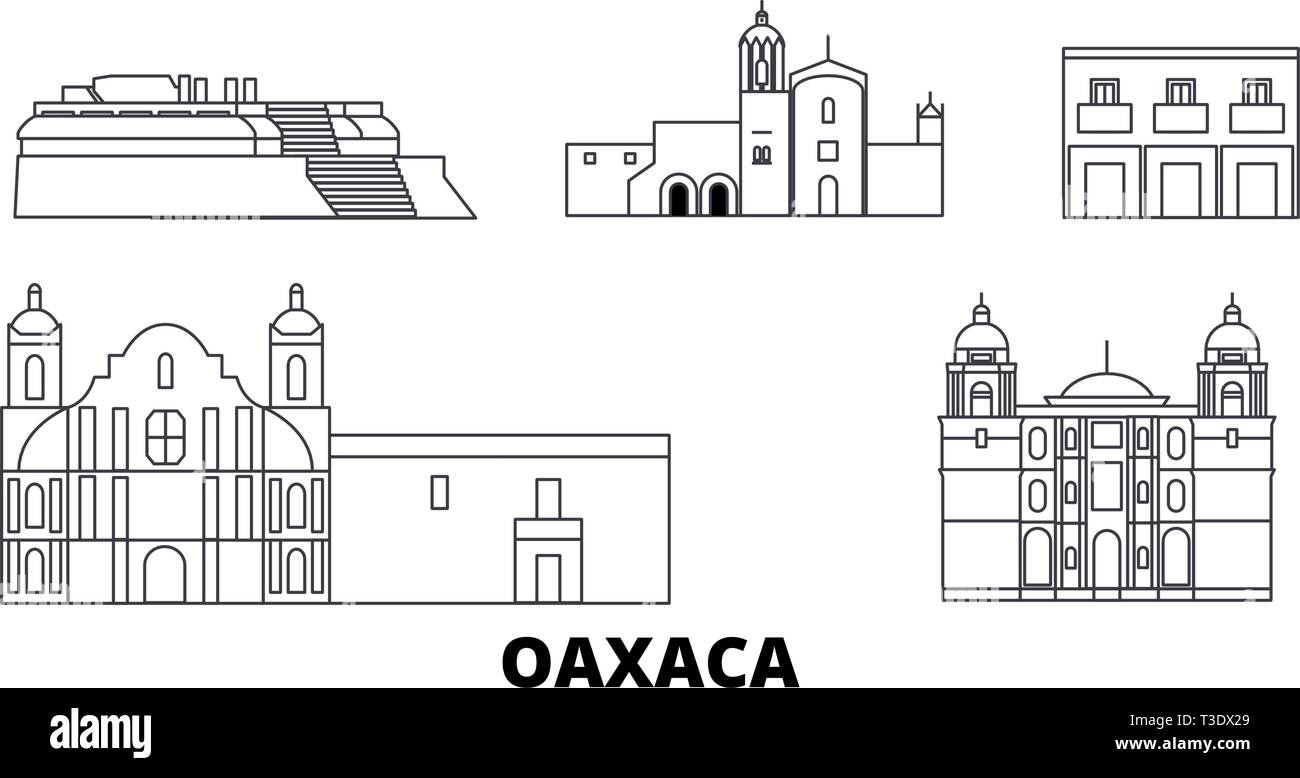 Messico, Oaxaca linea skyline di viaggio set. Messico Oaxaca città outline illustrazione vettoriale, simbolo, siti di viaggi, punti di riferimento. Illustrazione Vettoriale