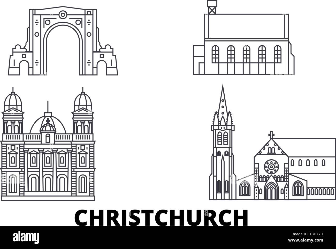 Nuova Zelanda Christchurch linea skyline di viaggio set. Nuova Zelanda Christchurch città outline illustrazione vettoriale, simbolo, siti di viaggi, punti di riferimento. Illustrazione Vettoriale