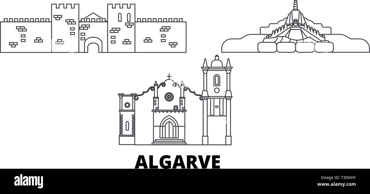 Il Portogallo, Algarve linea skyline di viaggio set. Il Portogallo, Algarve città outline illustrazione vettoriale, simbolo, siti di viaggi, punti di riferimento. Illustrazione Vettoriale