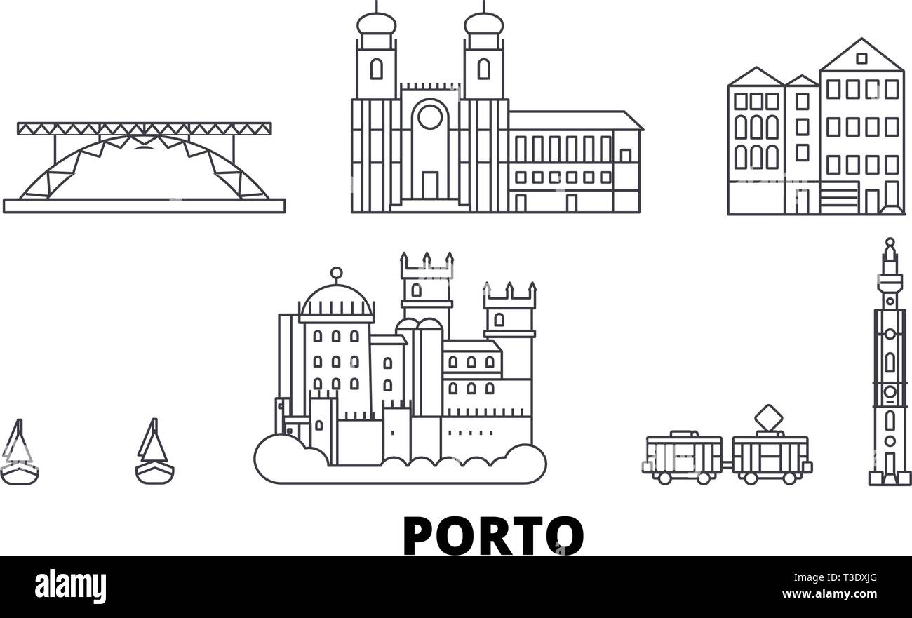 Il Portogallo, Porto linea skyline di viaggio set. Il Portogallo, Porto città outline illustrazione vettoriale, simbolo, siti di viaggi, punti di riferimento. Illustrazione Vettoriale