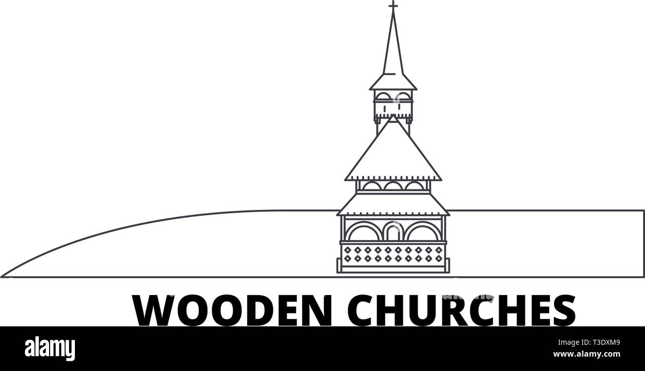 La Romania, Maramures, chiese di legno linea skyline di viaggio set. La Romania, Maramures, chiese in legno della città di contorno illustrazione vettoriale, simbolo, viaggi Illustrazione Vettoriale