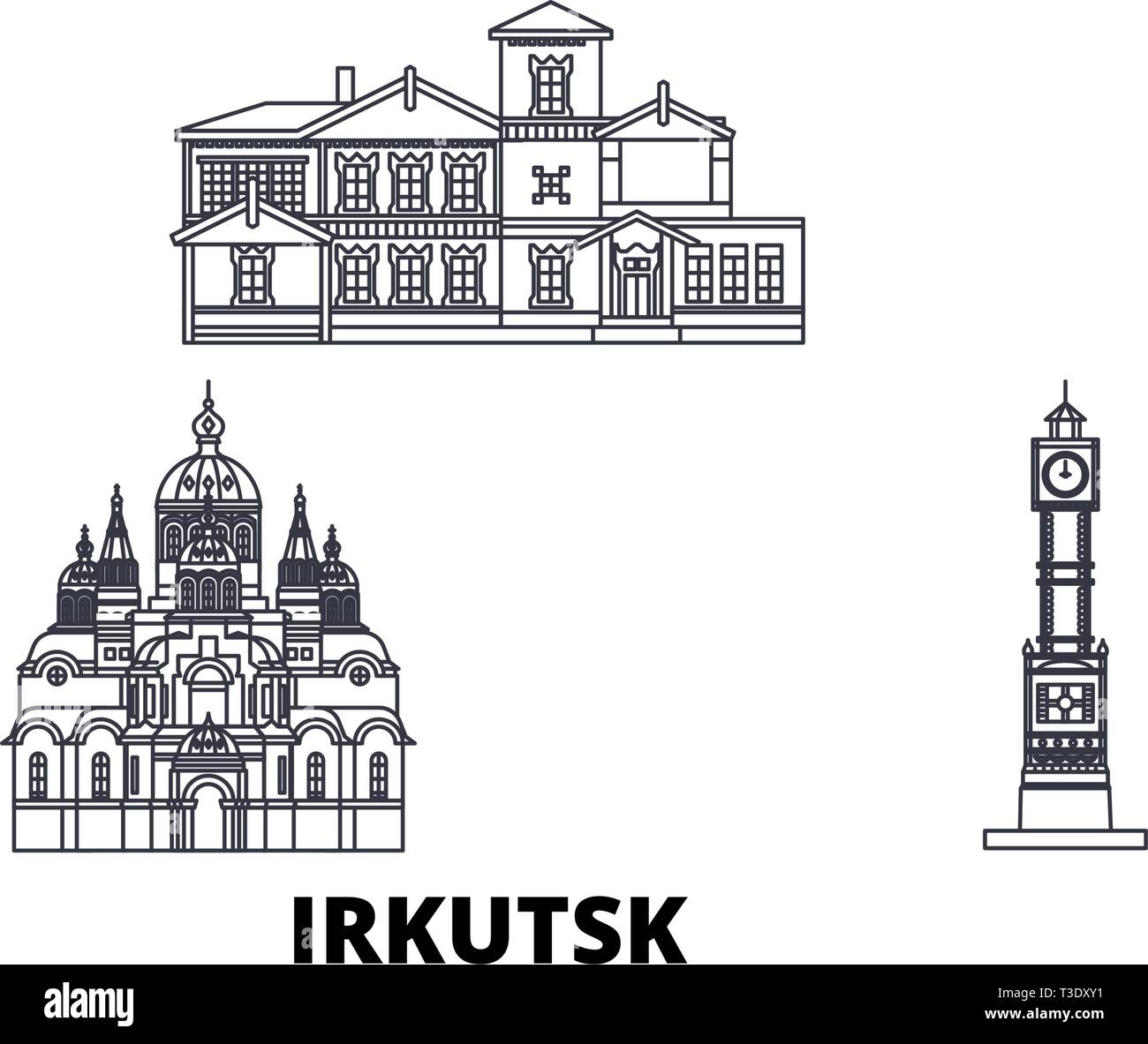 La Russia, Irkutsk linea skyline di viaggio set. Russia, Irkutsk città outline illustrazione vettoriale, simbolo, siti di viaggi, punti di riferimento. Illustrazione Vettoriale