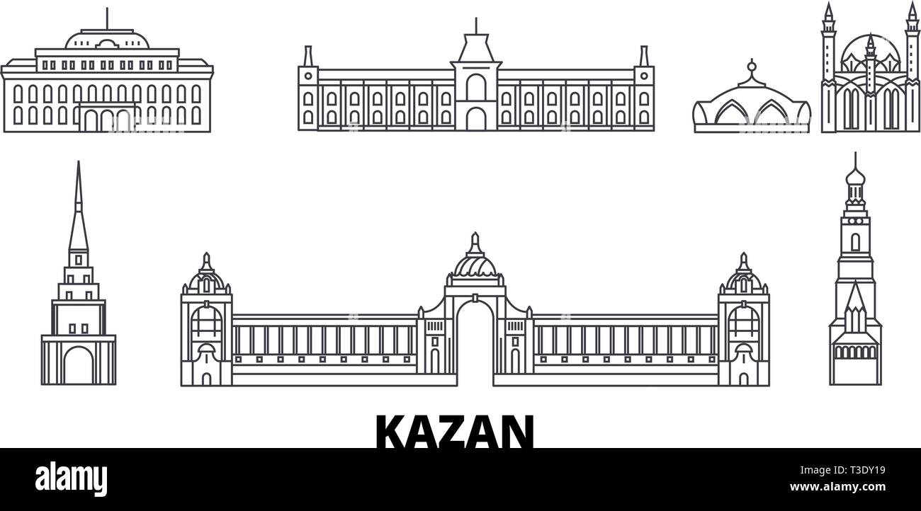 La Russia, Kazan linea skyline di viaggio set. Russia Kazan città outline illustrazione vettoriale, simbolo, siti di viaggi, punti di riferimento. Illustrazione Vettoriale