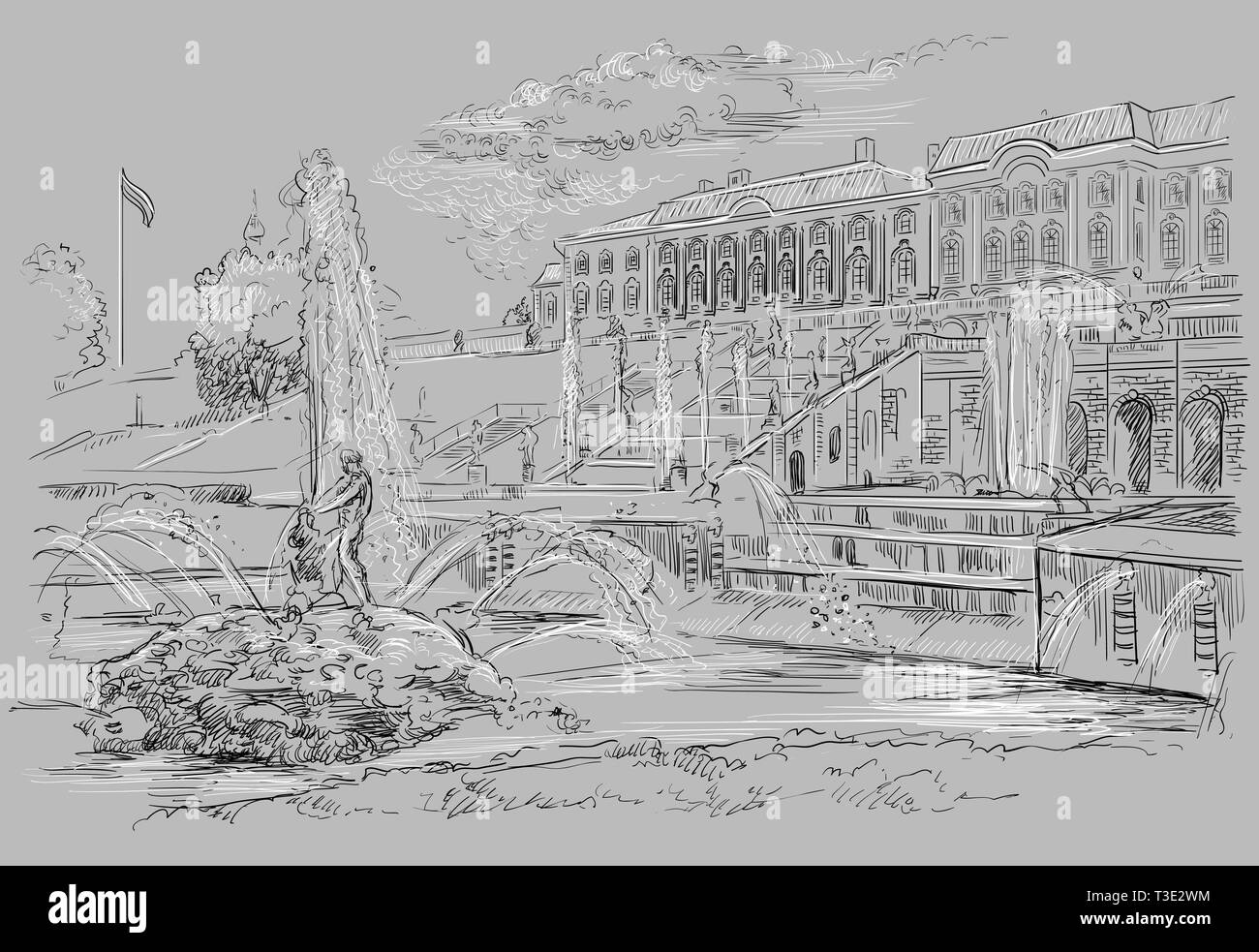 Vista panoramica della grande cascata, sculture e fontane a Peterhof Palace a San Pietroburgo, Russia. Vettore isolato del disegno a mano mi illustrazione Illustrazione Vettoriale