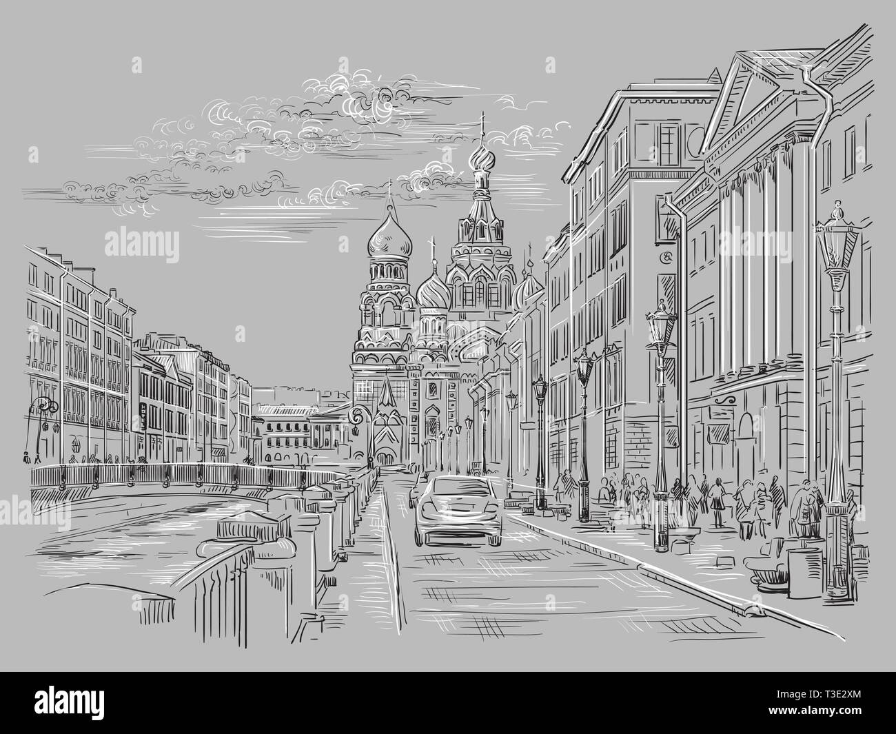 Paesaggio di Chiesa del Salvatore sul Sangue a San Pietroburgo, Russia e argini del fiume. Vettore isolato del disegno a mano illustrazione in bianco e nero e Illustrazione Vettoriale