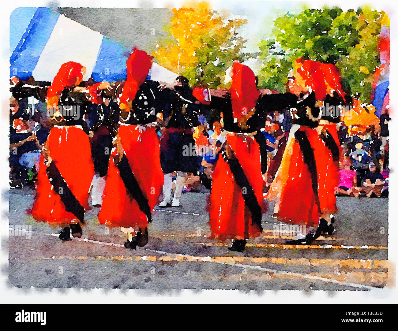 Acquerello di donne greche ballerini folk eseguendo in costumi tradizionali di Anogeia, Creta a un festival locale, STATI UNITI D'AMERICA. Acquerello di Todd Strand Foto Stock