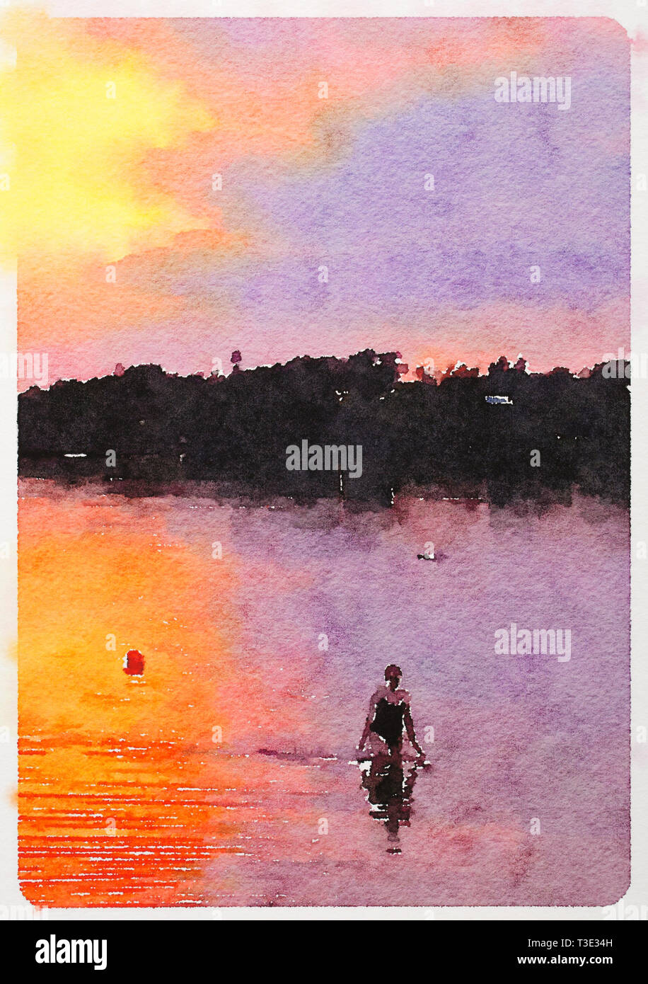 Il nuoto nel lago al tramonto durante una tarda serata estiva - acquerello da Todd Strand Foto Stock