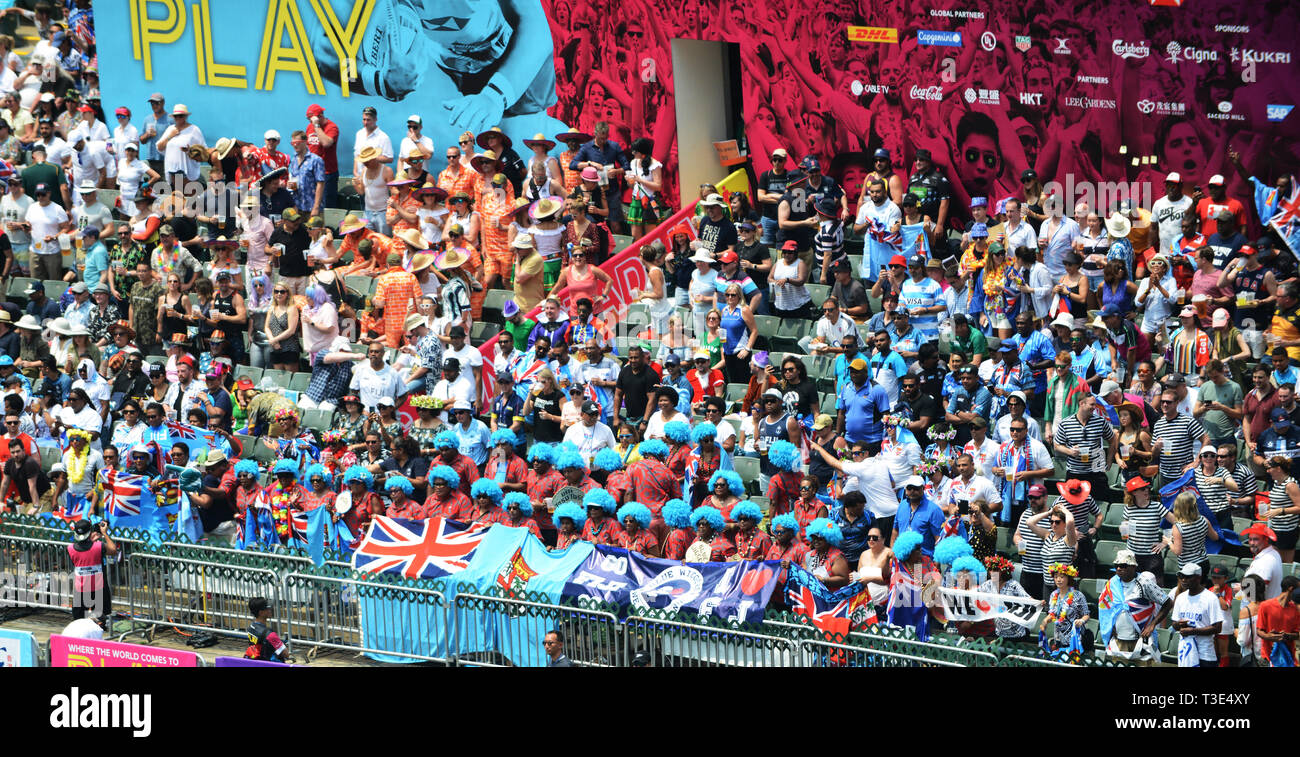 I fan delle Fiji ad Hong Kong in sette torneo. Foto Stock
